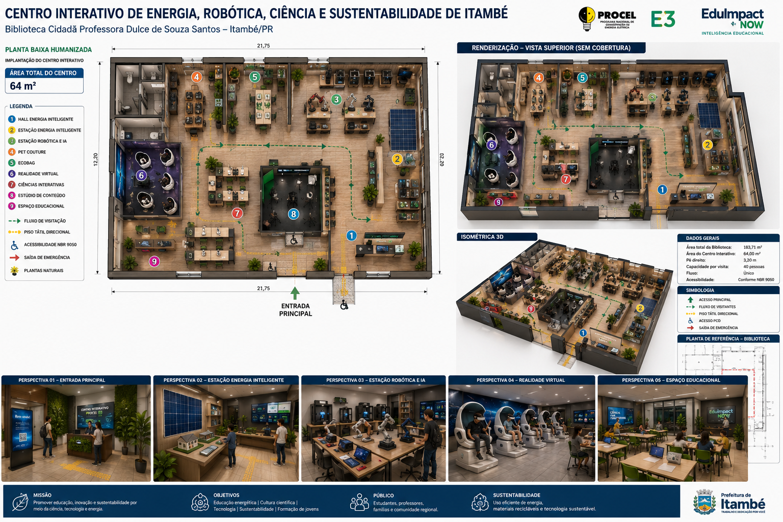 Planta baixa humanizada do Centro Interativo de Energia, Robótica, Ciência e Sustentabilidade na Biblioteca Cidadã Profª Dulce de Souza Santos